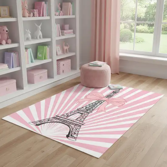 Pink Ivory And Black Eiffel Tower Youthful Washable Area Rug Photo 1