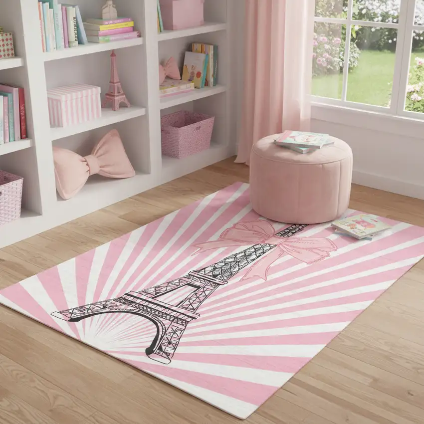 Pink Ivory And Black Eiffel Tower Youthful Washable Area Rug Photo 1