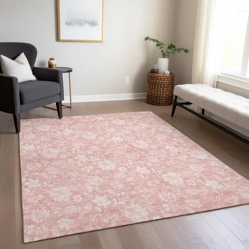 Pink Ivory And Blush Floral Washable Indoor Outdoor Area Rug Photo 9