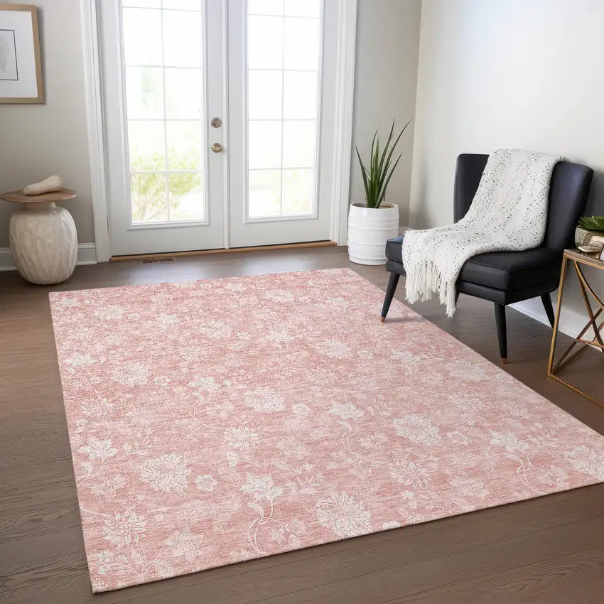 Pink Ivory And Blush Floral Washable Indoor Outdoor Area Rug Photo 8