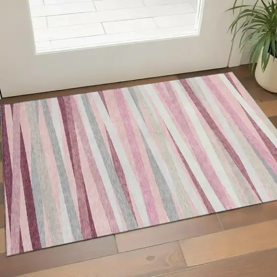 Pink Ivory And Blush Striped Washable Area Rug With UV Protection Photo 1