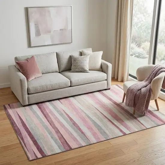 Pink Ivory And Blush Striped Washable Area Rug With UV Protection Photo 1