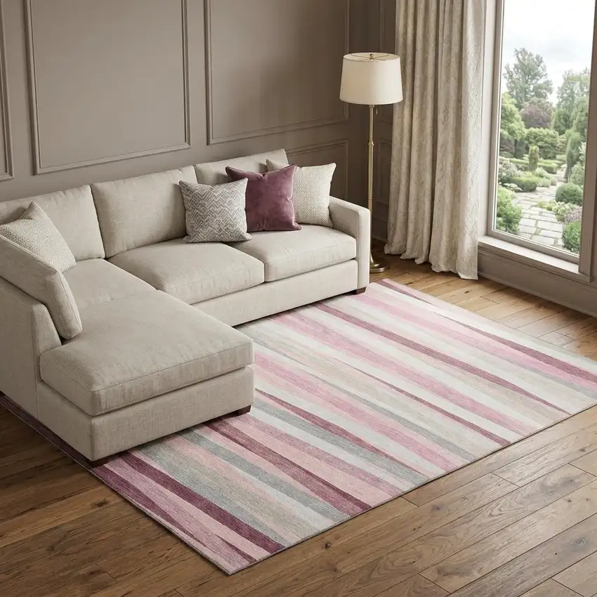 Pink Ivory And Blush Striped Washable Area Rug With UV Protection Photo 1
