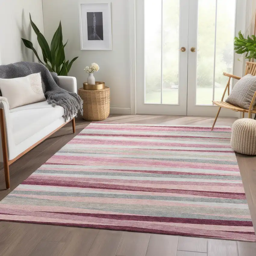 Pink Ivory And Blush Striped Washable Area Rug With UV Protection Photo 4