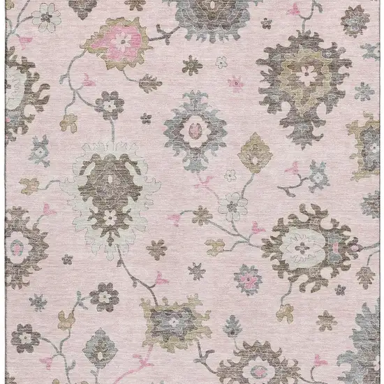 Pink Ivory And Brown Floral Medallion Washable Area Rug With UV Protection Photo 4