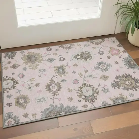 Pink Ivory And Brown Floral Medallion Washable Area Rug With UV Protection Photo 2