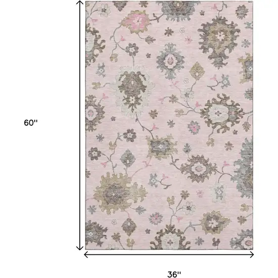 Pink Ivory And Brown Floral Medallion Washable Area Rug With UV Protection Photo 3