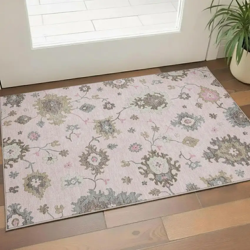 Pink Ivory And Brown Floral Medallion Washable Area Rug With UV Protection Photo 1