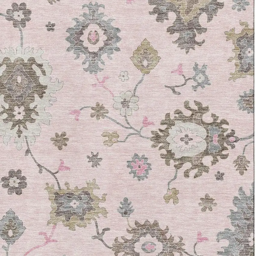 Pink Ivory And Brown Floral Medallion Washable Area Rug With UV Protection Photo 3