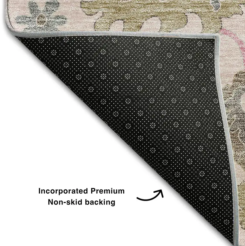 Pink Ivory And Brown Floral Medallion Washable Area Rug With UV Protection Photo 7