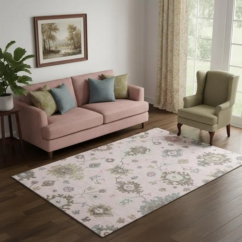 Pink Ivory And Brown Floral Medallion Washable Area Rug With UV Protection Photo 1