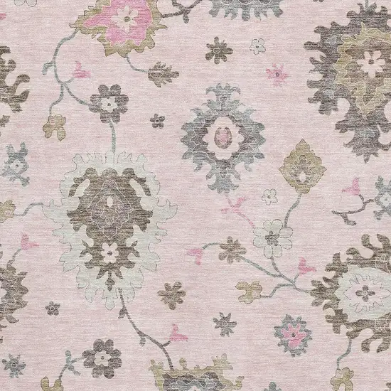 Pink Ivory And Brown Floral Medallion Washable Area Rug With UV Protection Photo 3