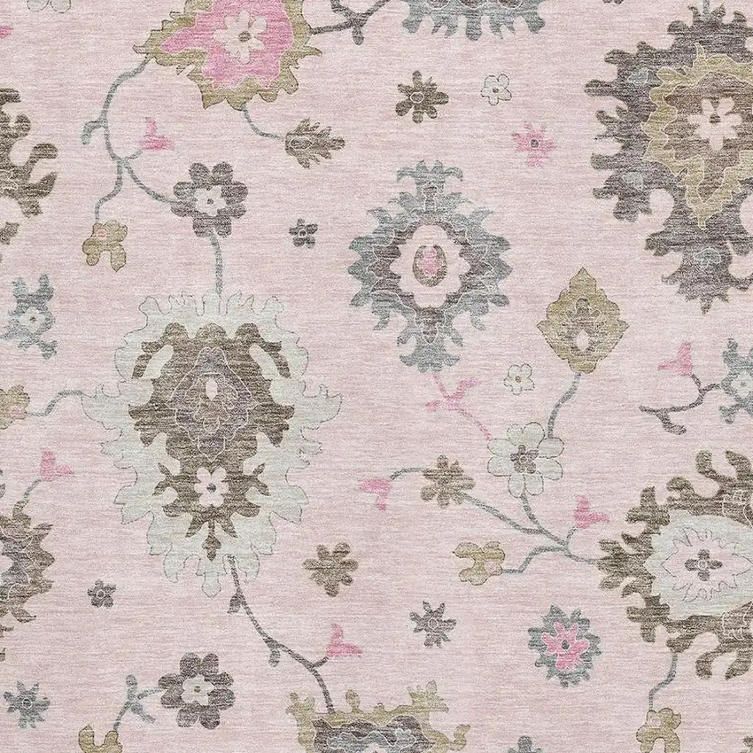 Pink Ivory And Brown Floral Medallion Washable Area Rug With UV Protection Photo 3