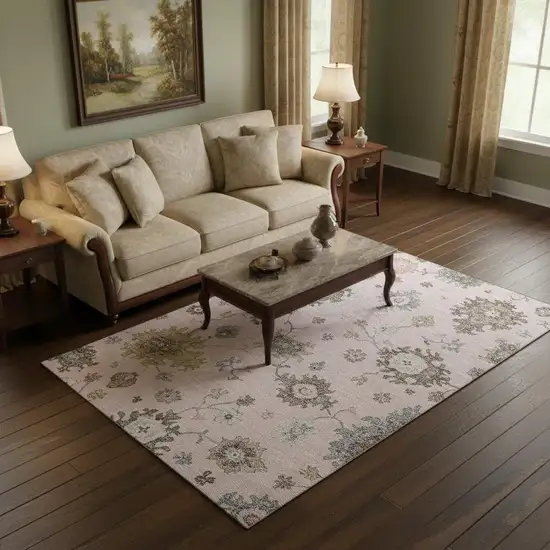 Pink Ivory And Brown Floral Medallion Washable Area Rug With UV Protection Photo 2