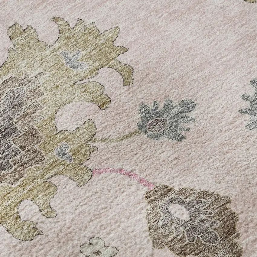 Pink Ivory And Brown Floral Medallion Washable Area Rug With UV Protection Photo 8
