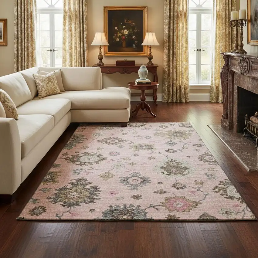 Pink Ivory And Brown Floral Medallion Washable Area Rug With UV Protection Photo 2