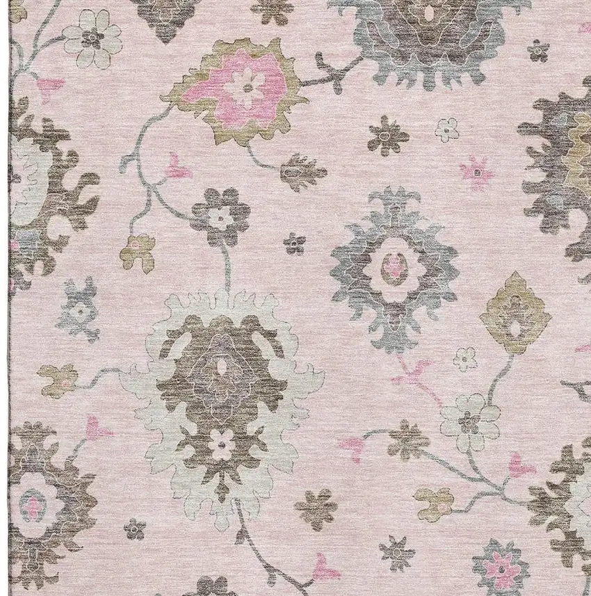 Pink Ivory And Brown Floral Medallion Washable Area Rug With UV Protection Photo 3