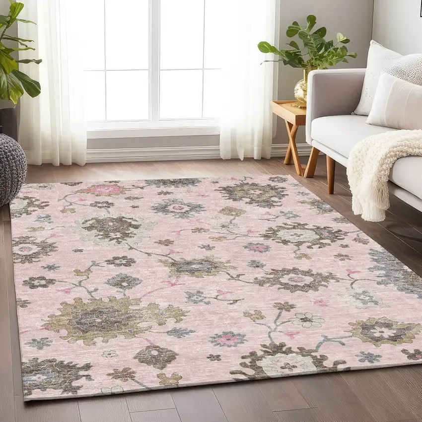 Pink Ivory And Brown Floral Medallion Washable Area Rug With UV Protection Photo 5