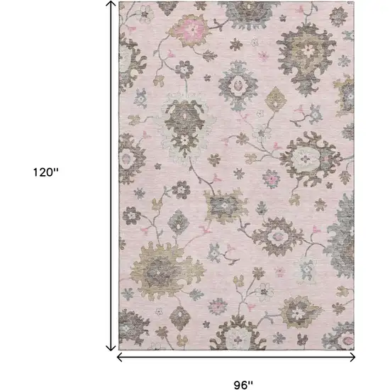 Pink Ivory And Brown Floral Medallion Washable Area Rug With UV Protection Photo 3