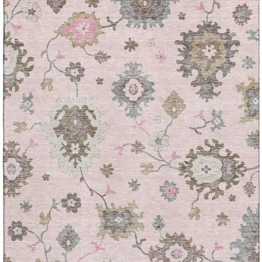 Pink Ivory And Brown Floral Medallion Washable Area Rug With UV Protection Photo 3