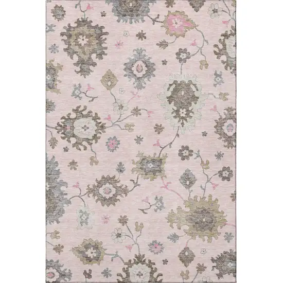 Pink Ivory And Brown Floral Medallion Washable Area Rug With UV Protection Photo 4