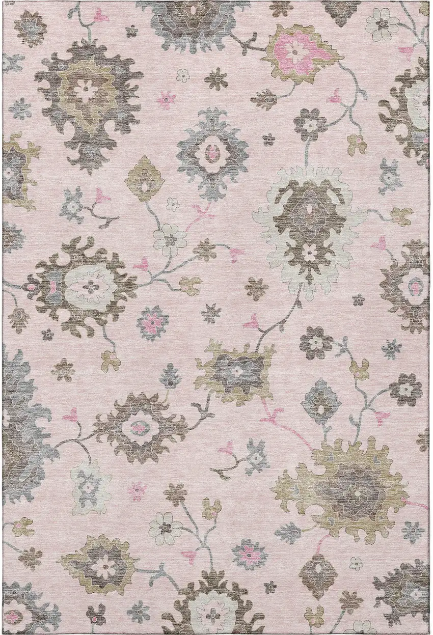 Pink Ivory And Brown Floral Medallion Washable Area Rug With UV Protection Photo 4