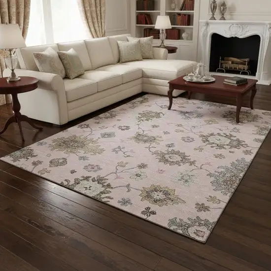Pink Ivory And Brown Floral Medallion Washable Area Rug With UV Protection Photo 2