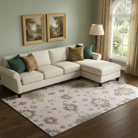 Pink Ivory And Brown Floral Medallion Washable Area Rug With UV Protection Photo 1