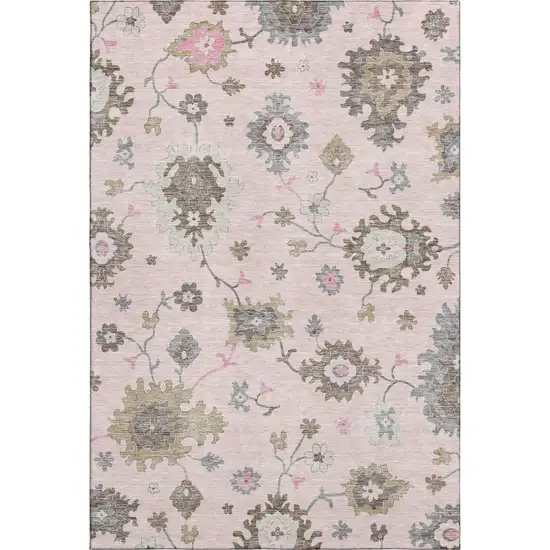 Pink Ivory And Brown Floral Medallion Washable Area Rug With UV Protection Photo 1