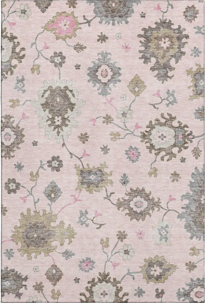 Pink Ivory And Brown Floral Medallion Washable Area Rug With UV Protection Photo 1