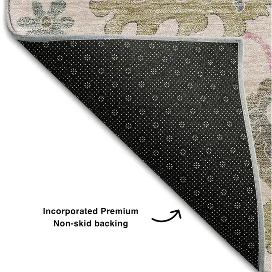 Pink Ivory And Brown Floral Medallion Washable Area Rug With UV Protection Photo 7