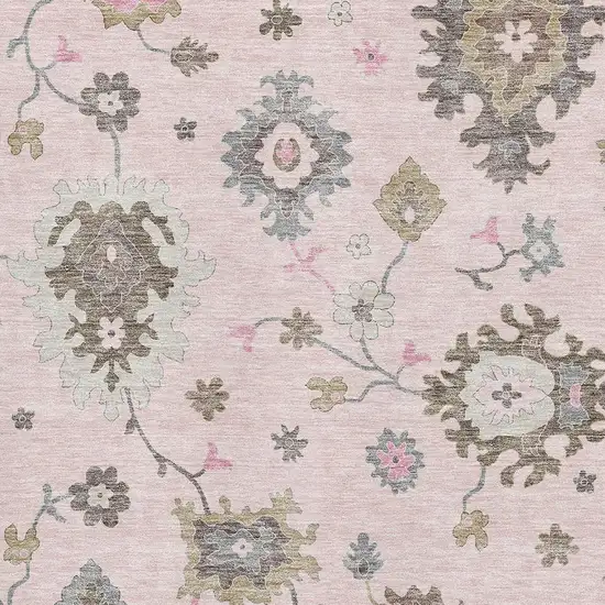 Pink Ivory And Brown Floral Medallion Washable Area Rug With UV Protection Photo 3