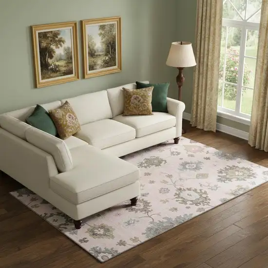 Pink Ivory And Brown Floral Medallion Washable Area Rug With UV Protection Photo 1