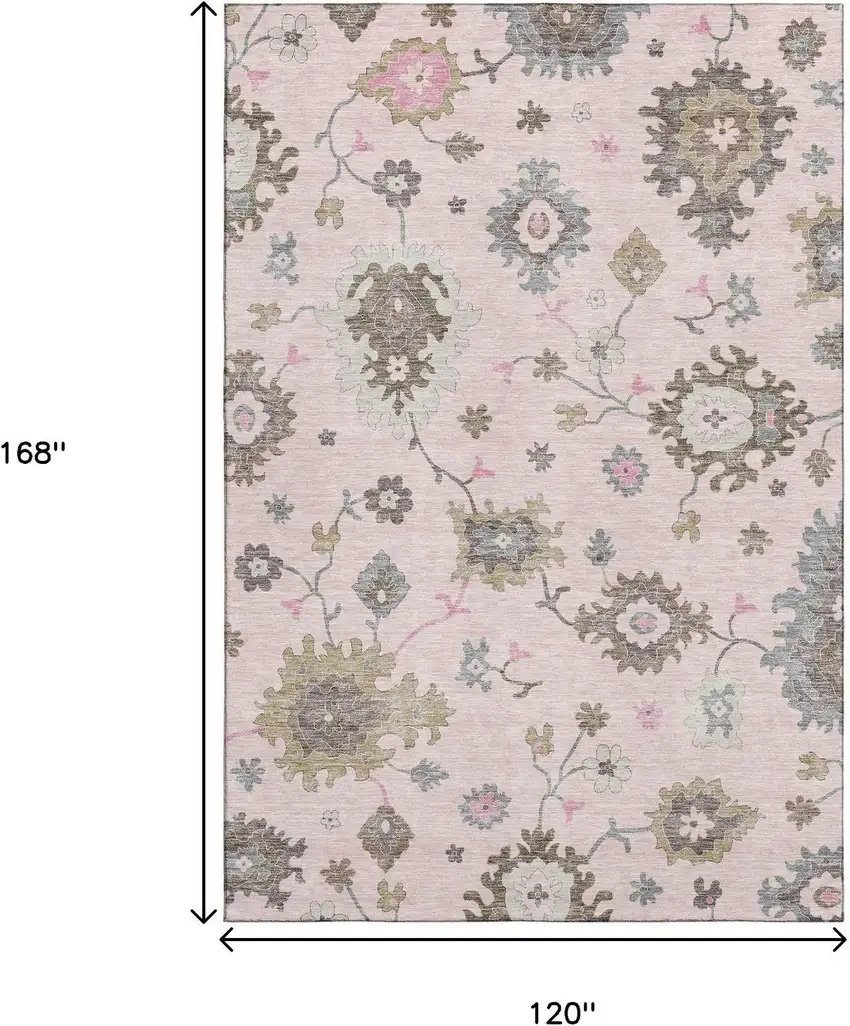 Pink Ivory And Brown Floral Medallion Washable Area Rug With UV Protection Photo 3