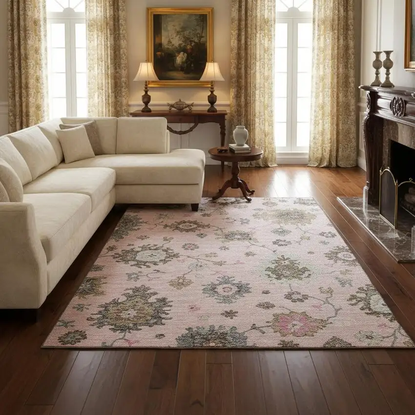 Pink Ivory And Brown Floral Medallion Washable Area Rug With UV Protection Photo 2