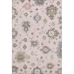 Photo of Pink Ivory And Brown Floral Medallion Washable Area Rug With UV Protection