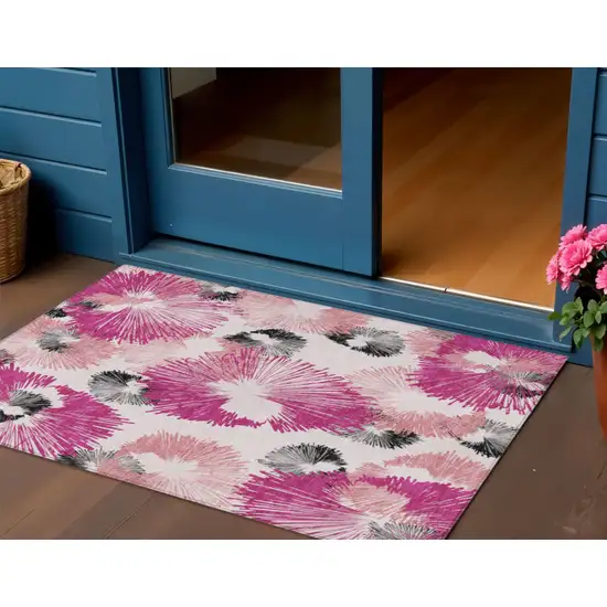 Pink Ivory And Charcoal Floral Washable Indoor Outdoor Area Rug Photo 2