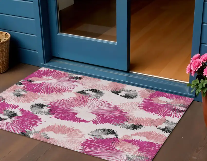 Pink Ivory And Charcoal Floral Washable Indoor Outdoor Area Rug Photo 2