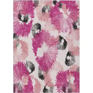 Photo of Pink Ivory And Charcoal Floral Washable Indoor Outdoor Area Rug