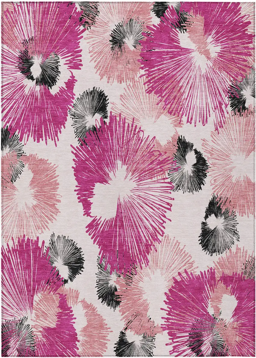 Pink Ivory And Charcoal Floral Washable Indoor Outdoor Area Rug Photo 1