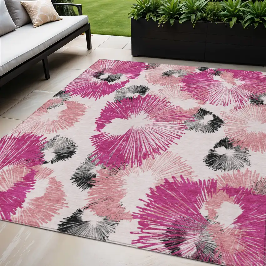 Pink Ivory And Charcoal Floral Washable Indoor Outdoor Area Rug Photo 2