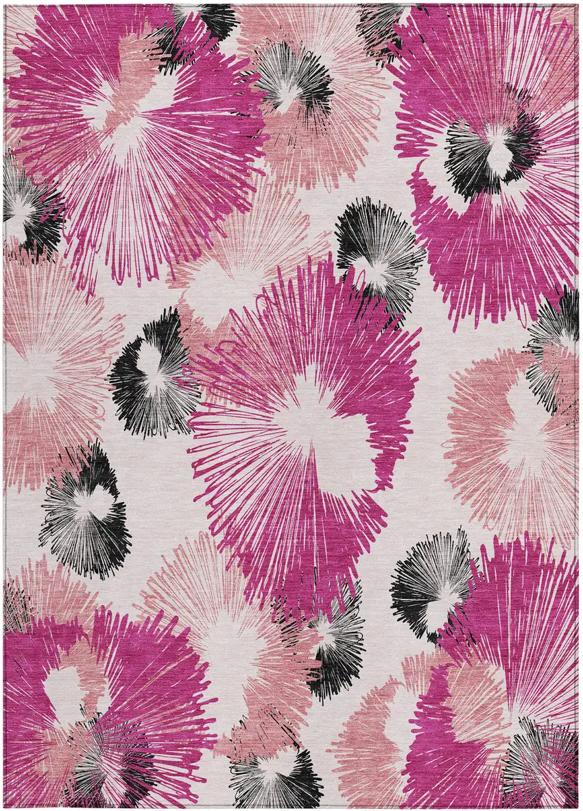 Pink Ivory And Charcoal Floral Washable Indoor Outdoor Area Rug Photo 4