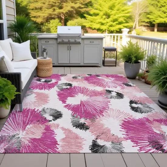 Pink Ivory And Charcoal Floral Washable Indoor Outdoor Area Rug Photo 7