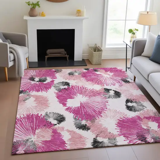 Pink Ivory And Charcoal Floral Washable Indoor Outdoor Area Rug Photo 8