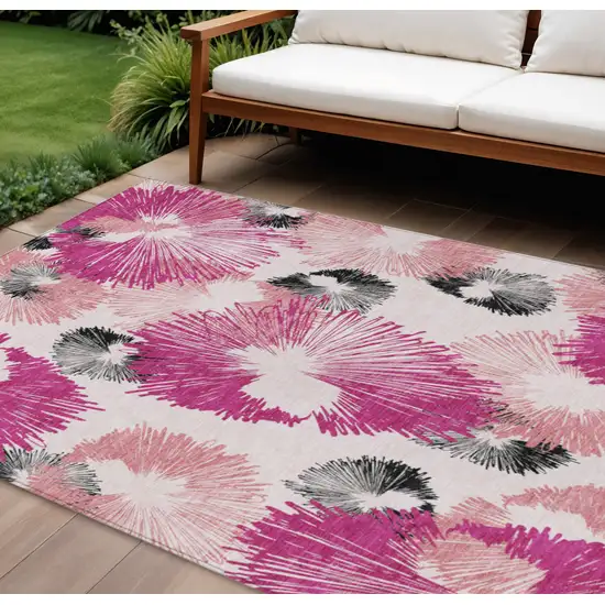 Pink Ivory And Charcoal Floral Washable Indoor Outdoor Area Rug Photo 2