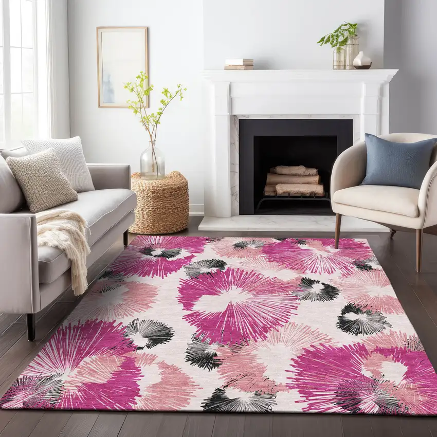 Pink Ivory And Charcoal Floral Washable Indoor Outdoor Area Rug Photo 9
