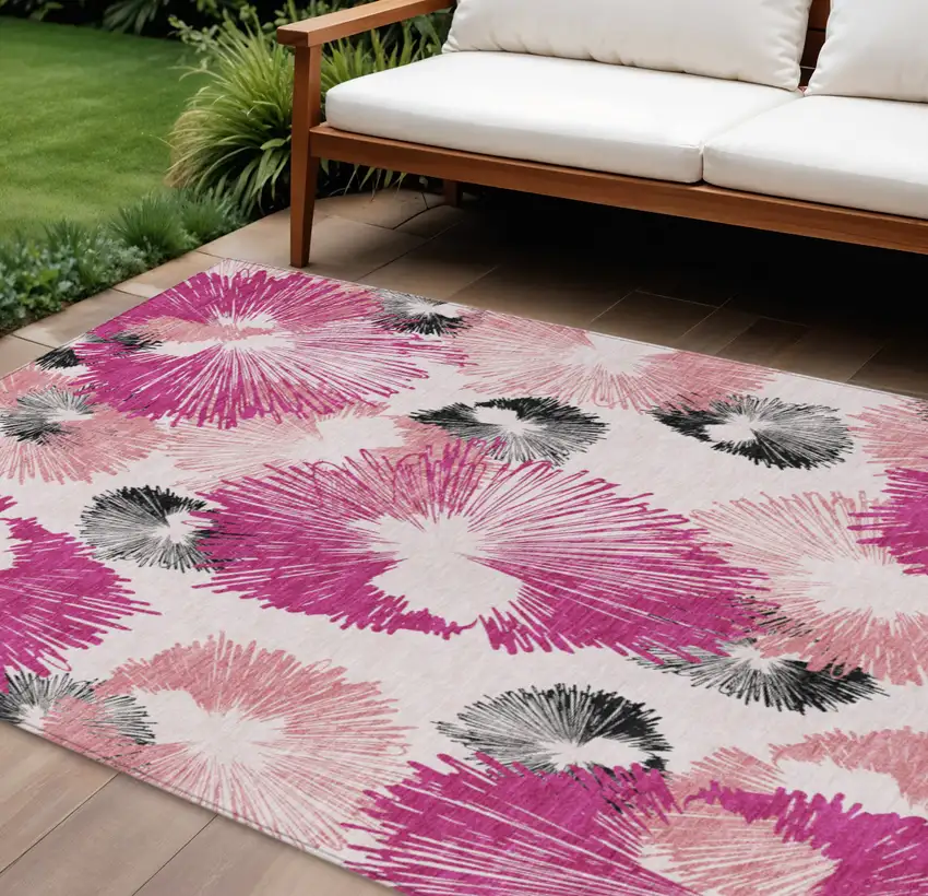 Pink Ivory And Charcoal Floral Washable Indoor Outdoor Area Rug Photo 2