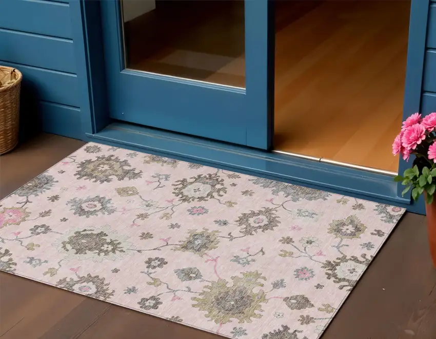 Pink Ivory And Chocolate Floral Washable Indoor Outdoor Area Rug Photo 1