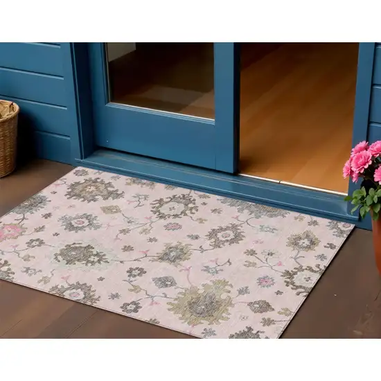 Pink Ivory And Chocolate Floral Washable Indoor Outdoor Area Rug Photo 1