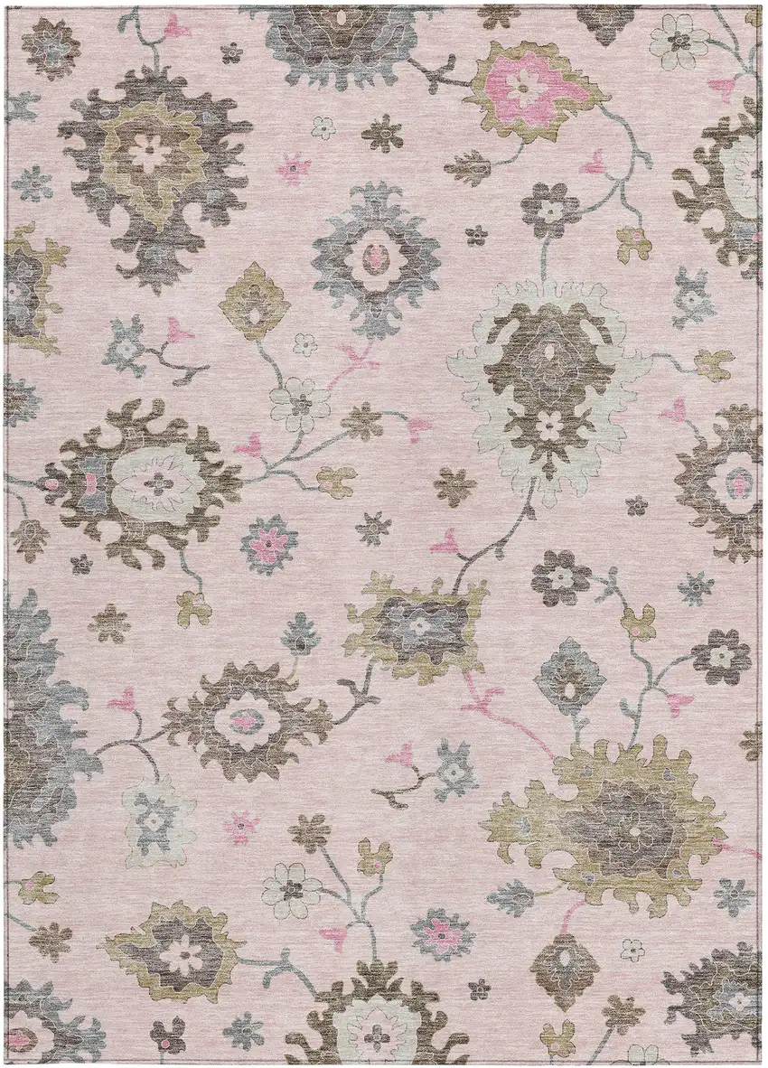 Pink Ivory And Chocolate Floral Washable Indoor Outdoor Area Rug Photo 5